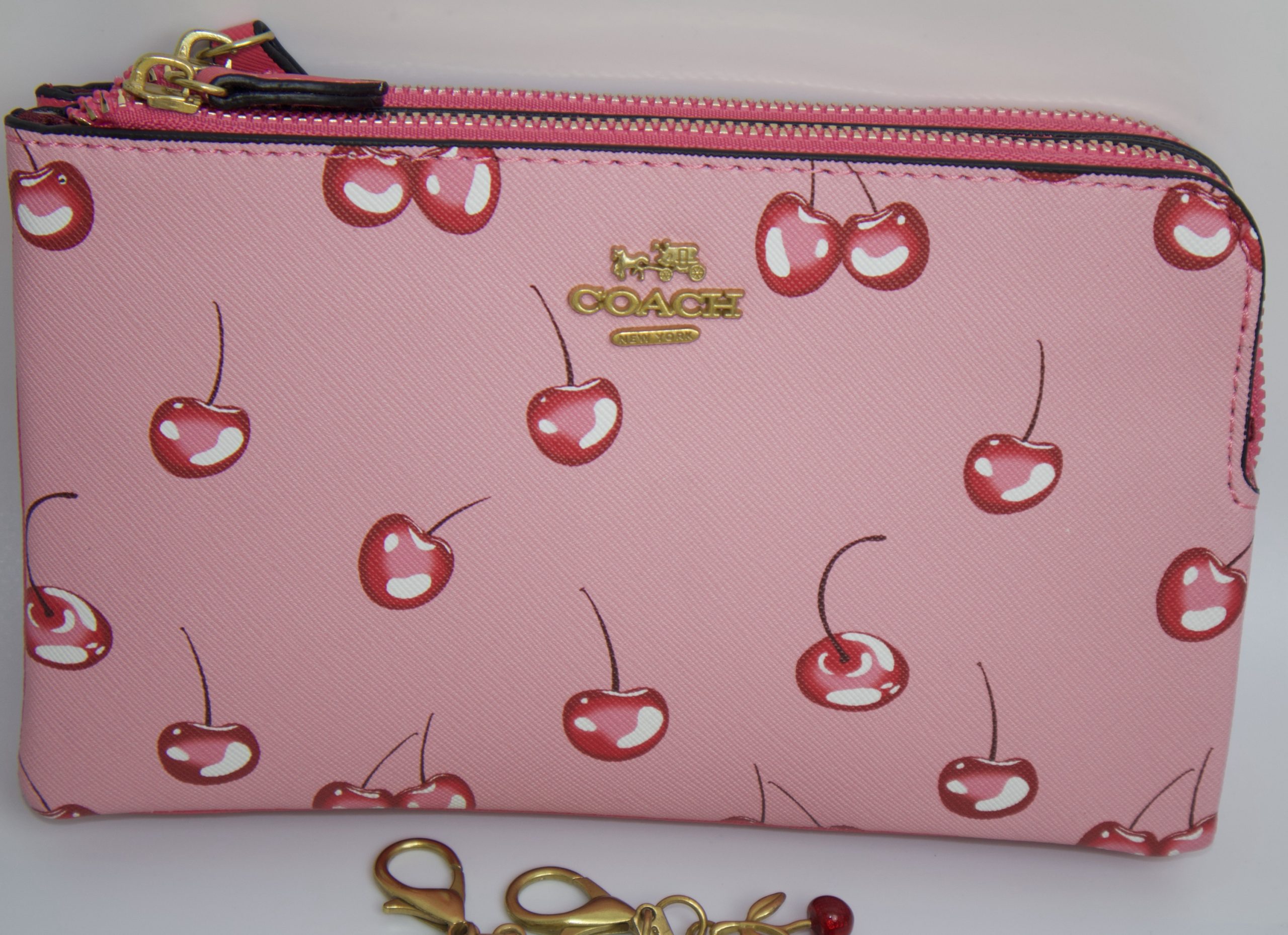 Coach Corner Zip Wristlet with Cherry Print